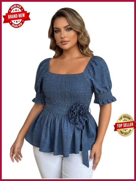 Tops - Plus Size Puff Sleeve Peplum Blouse 3D Floral Belt Scoop Neck Dressy Casual Top